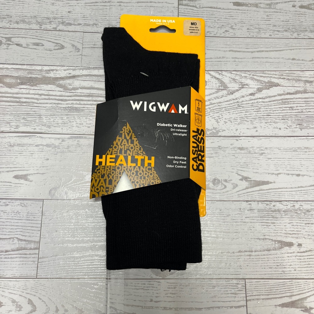 Wigwam Diabetic Walker Crew Socks Black Ultralight Dri-release F1221 Mens MD